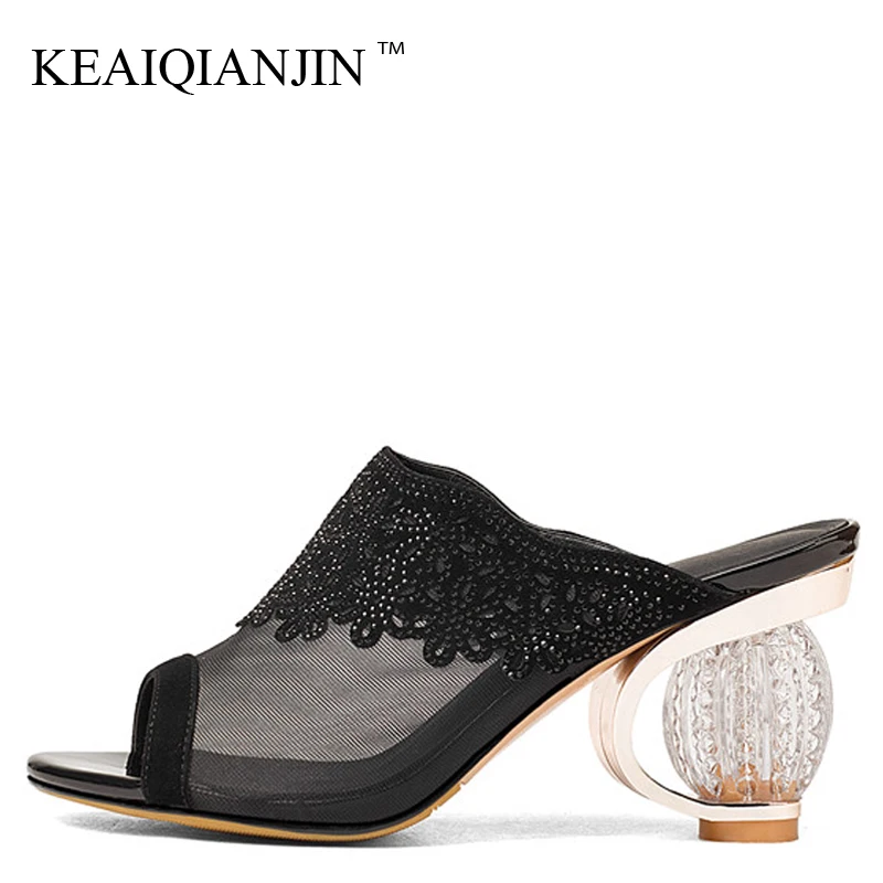 

KEAIQIANJIN Women's Transparent Slides New Summer Black White Mesh High Heels Shoes Sandbeach Open Toe Hollow Crystal Slides