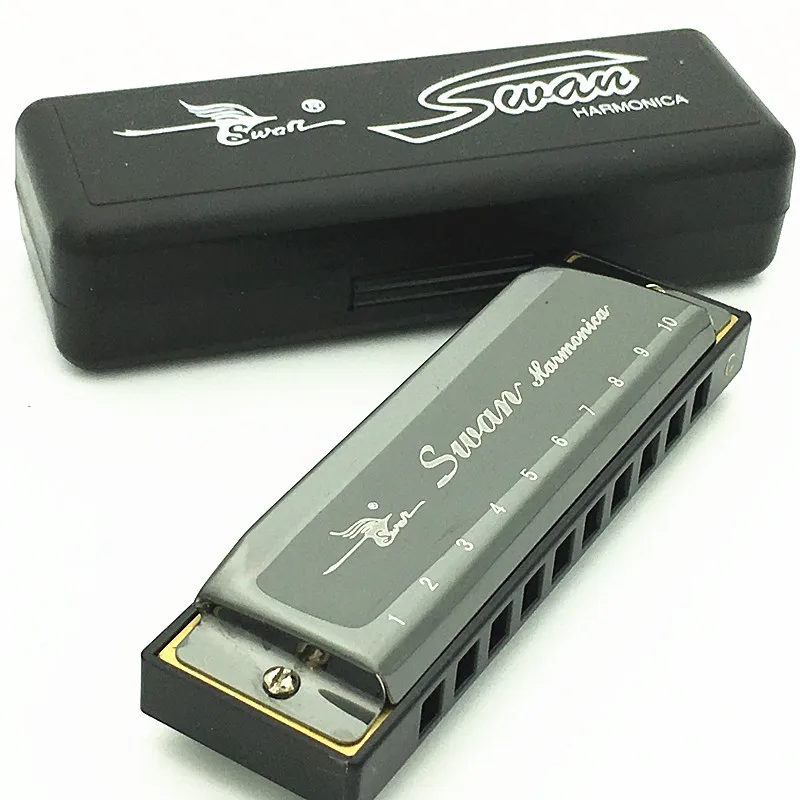 

2017 New Swan Harmonica 10 Hole 20 Tone Diatonic Blues Harp Key of C Mouth Organ Laser Black Color Musical Instruments Gift