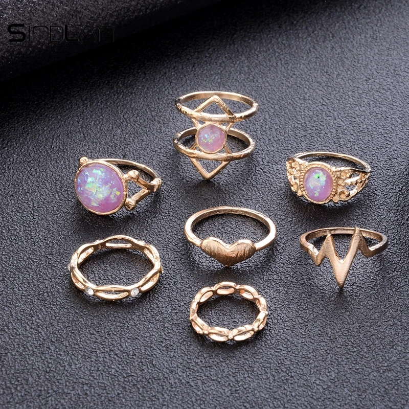 

Sindlan Ring Fashion Wedding Jewelry Charm Crystal Pink Opal Stone Heart ECG Hollow Geometric 7pcs/set Vintage Ring For Women