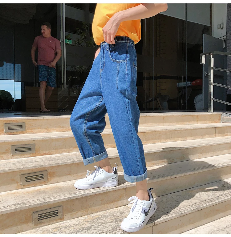 2019 Весна и лето Новая Популярная Корейская версия пары повседневные мужские прямые свободные джинсы сплошной цвет хип хоп Уличная