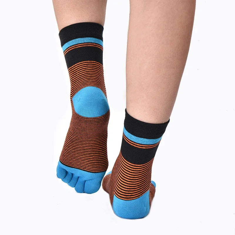 1 пара, мужские носки с пятью раздельными пальцами, полосатые, чесаные, хлопковые, дышащие, антифрикционные, дезодорирующие, спортивные носки, раздельные носки до голени