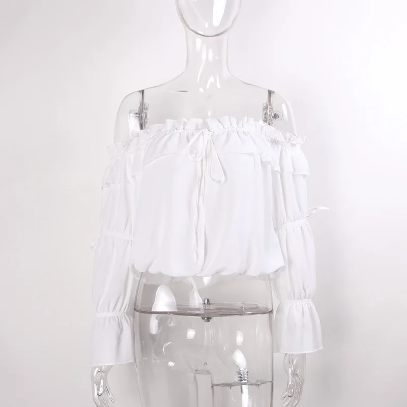 Sweet Women Casual Chiffon Blouse Shoulder off tops White Ruffles Chiffon clothes 2018 Summer Beach Blouse Outfit S-XL (10)