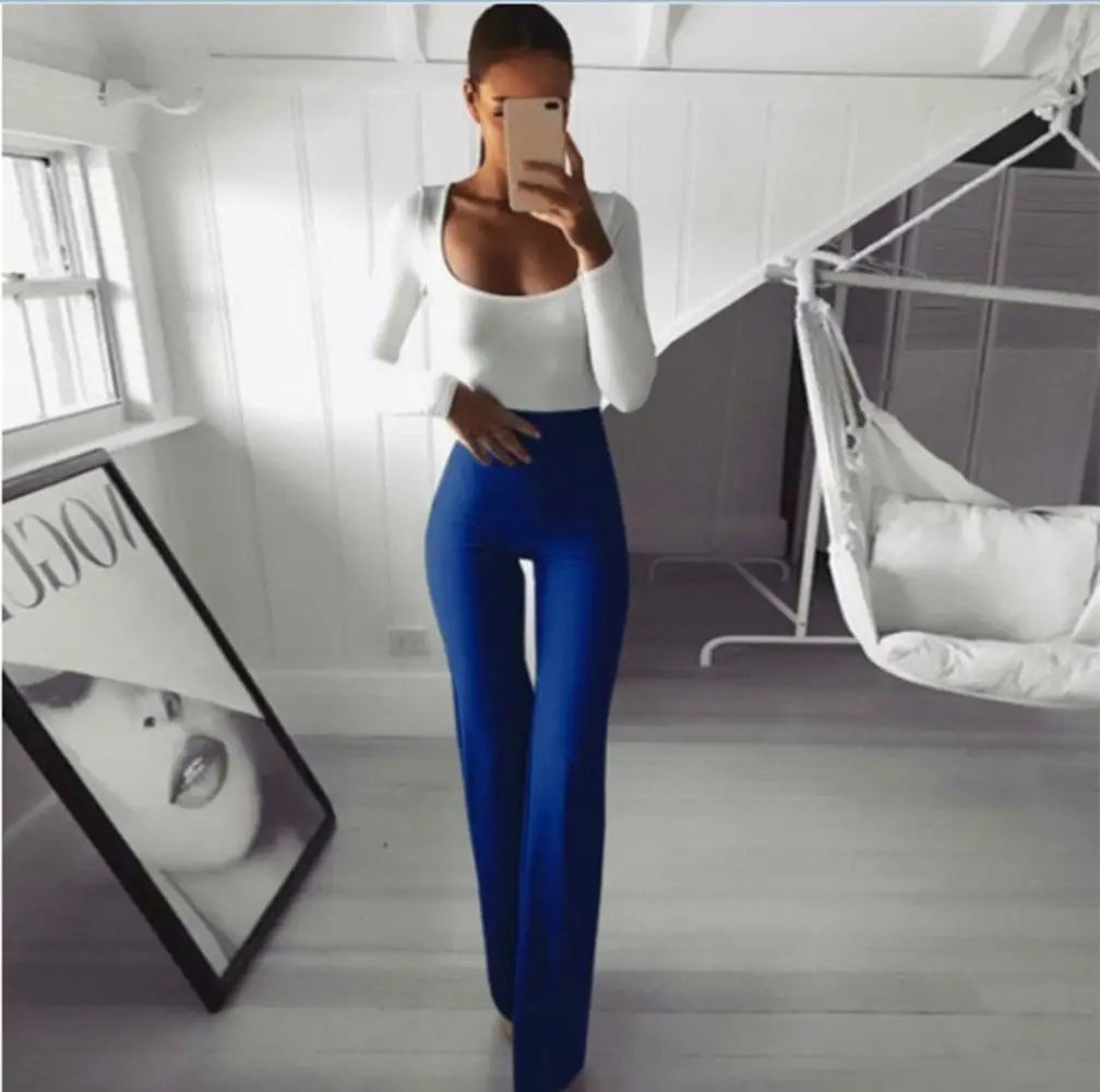 Hot Women Plain Palazzo Wide Leg High Waist Office Lady Skinny Solid Casual Flared Trousers Long Loose OL Work Pants