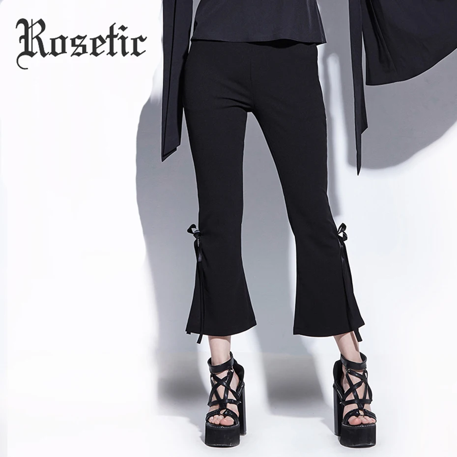 Rosetic Готический стиль женские с высокой талией до щиколотки черные расклешенные брюки с лентой бандаж бант элегантные узкие брюки