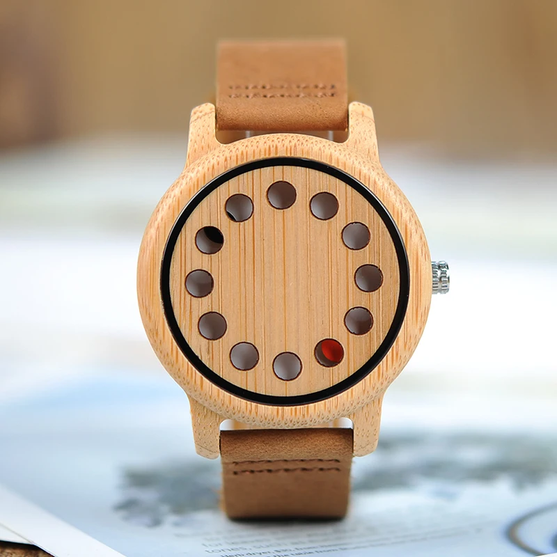 BOBO BIRD 12 Holes Design Bamboo Wooden Watch Mens Quartz Analog Watches erkek kol saati with Leather Band as Gift