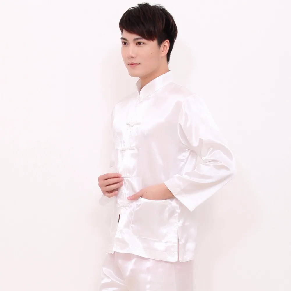 Белая мужская пижама в китайском стиле из искусственного шелка, рубашка с длинными рукавами и штаны, винтажная однобортная Пижама, Размеры M, L, XL, XXL
