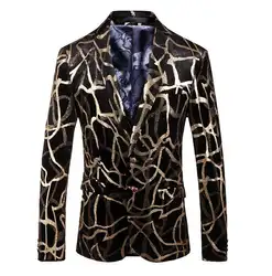 Черный и золотой блейзер для Для мужчин 2018 мода печатных вечерние блейзер человек Повседневное пиджаки Ho Для мужчин s Slim Fit Мужской