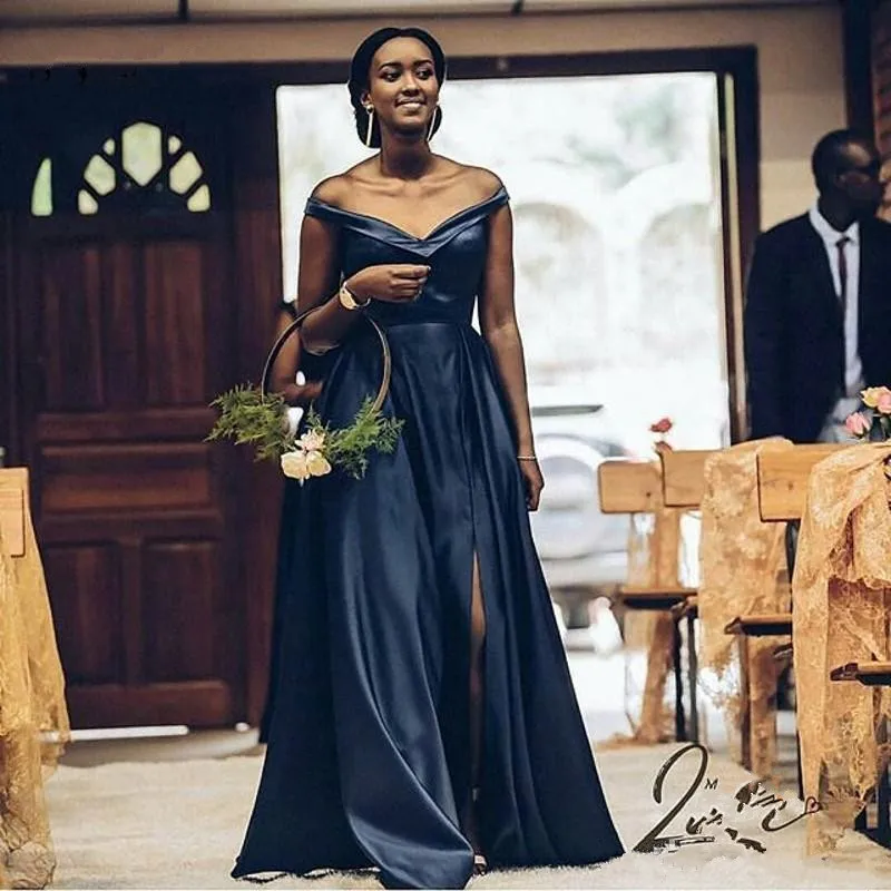 Африканский простой темно-синий Атлас с открытыми плечами Платья для подружек невесты Длинные вечерние свадебное платье SLD щелевая официальная одежда платья