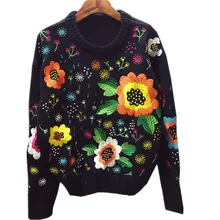Autumn Spring France USA Popular Colorful Flower Embroidery Knitted Tops Tees Streewear Rabbit Vintage Sweater Tops Female