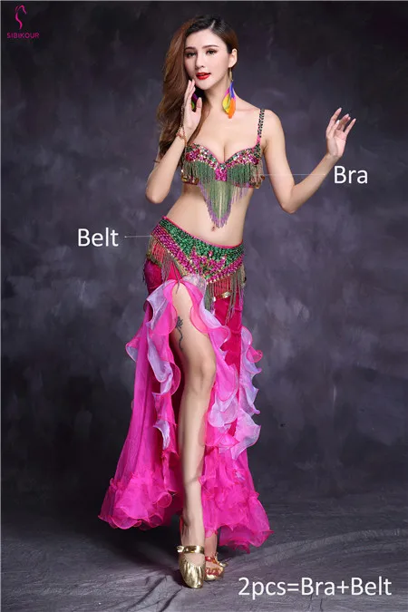 New Design Bellydance Costume For Women Belly Dancing Clothes Belly dance Skirt Oriental Bollywood Bra Belt Dress Set Adult - Цвет: Rose Red 2pcs