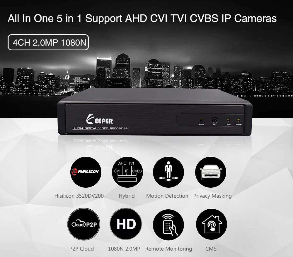 Хранитель 4 канала 1080N 5 в 1 Гибридный XVR DVR наблюдения цифровой видео регистратор поддержка TVI CVI AHD CVBS IP камера с P2P 4