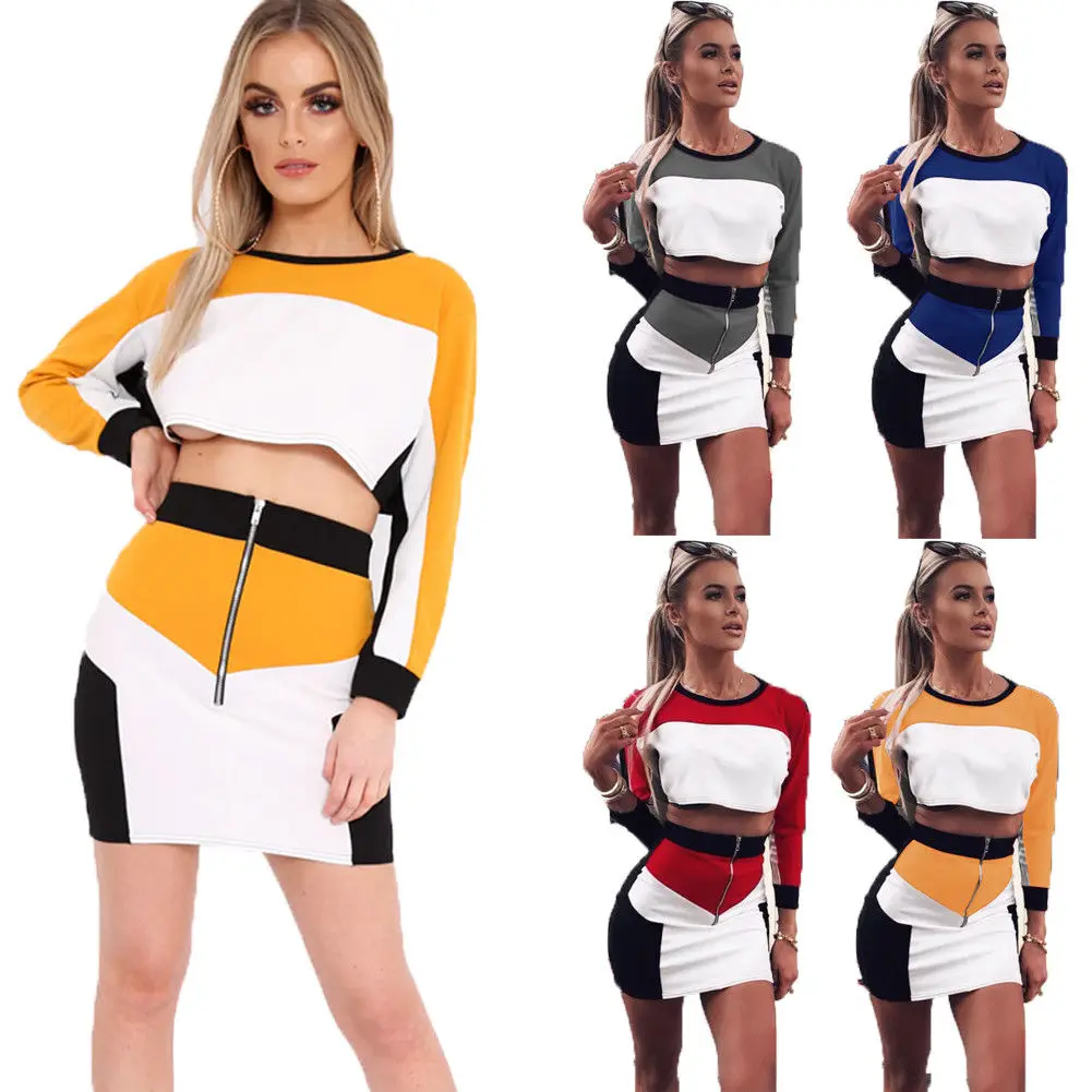 Women Long Sleeves Crop Tops Casual Club Party Bodycon Mini Dress Skirts Set 2pc