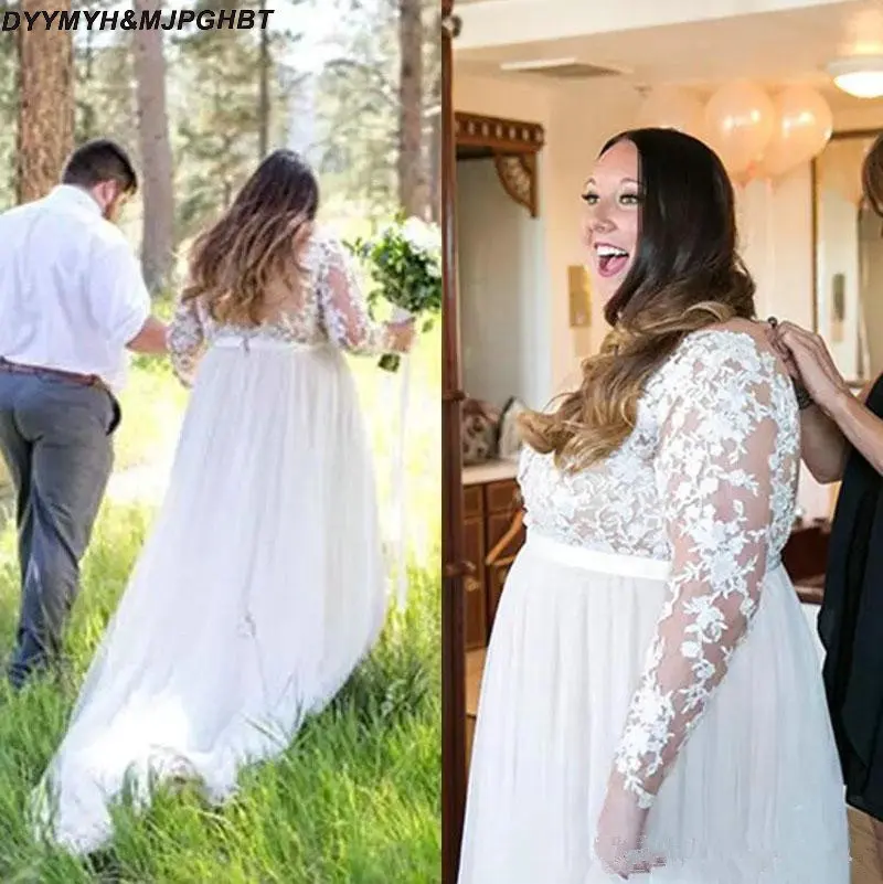 Plus Size Lace Long Sleeve Country Garden Wedding Dresses 2019 Sexy Sheer Illusion Back Tulle Long Bridal Gowns Custom Made