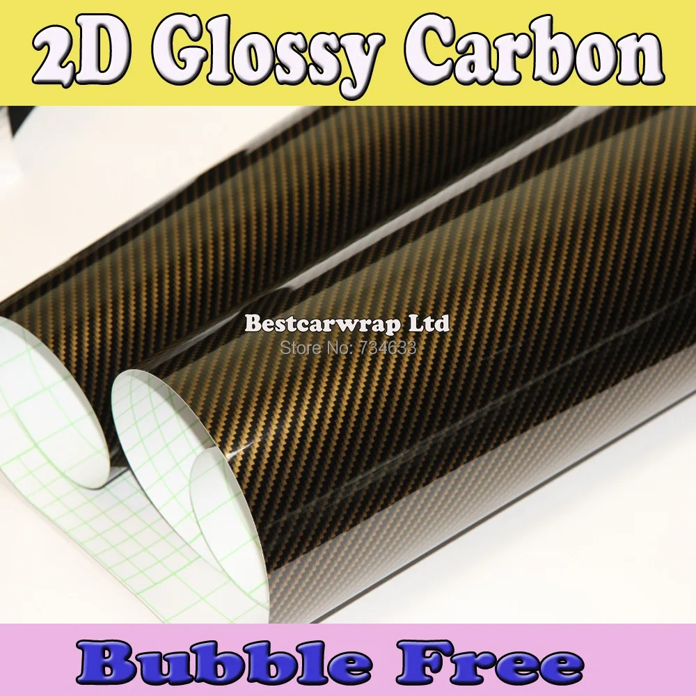 2D Glossy Gold Carbon Fiber Vinyl Wrap With Air Bubble Free Shiny Caron