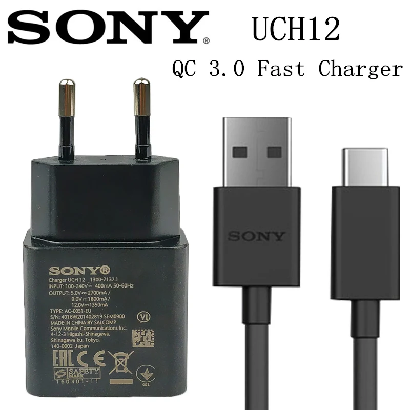 Оригинальное Европейское UCH12 настенное зарядное устройство sony QC 3,0 Быстрая зарядка usb 3,1 type c кабель для xperia xa1 XZ XZs XC XZp XZ1 XZ1C телефон