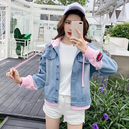 Very best  Korean Patchwork Loose Denim Jacket Casual Casaco Feminino Hooded Embroidery Woman Bikers Preppy St