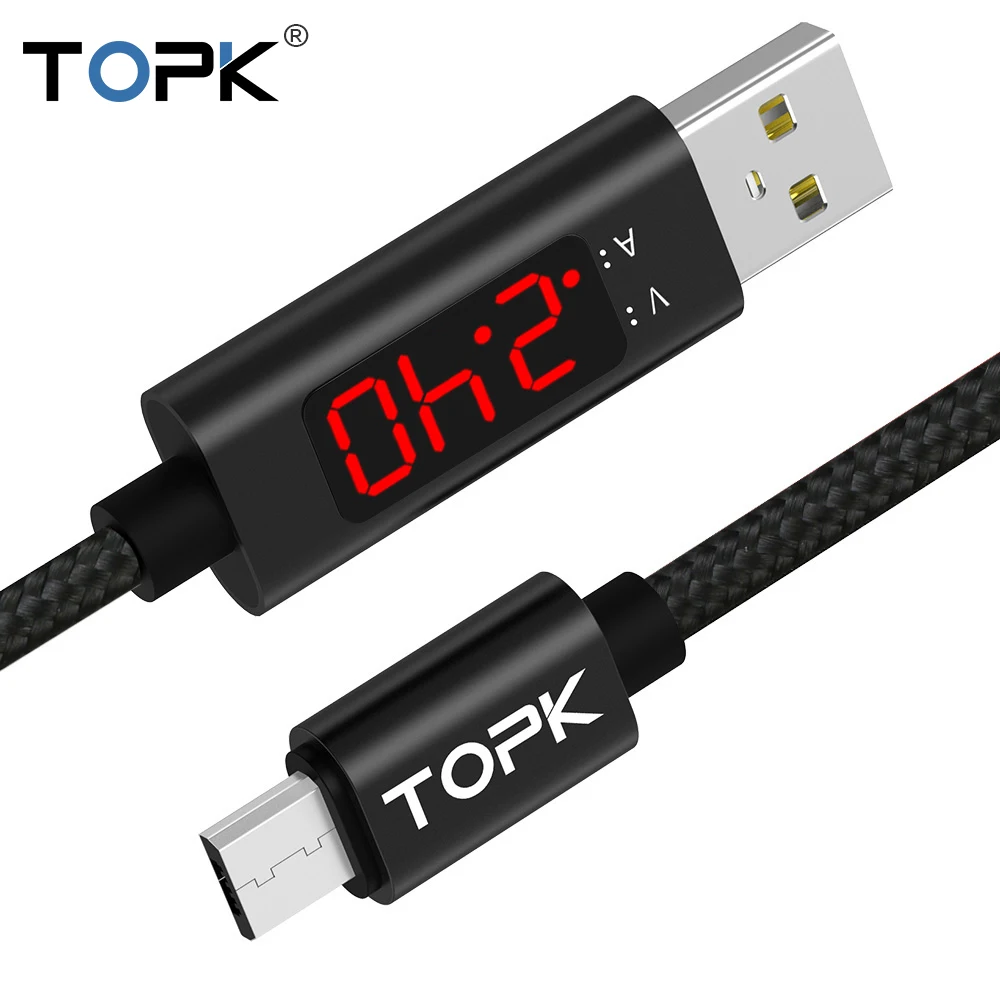 TOPK 1M(3.28ft) Micro USB Data Charging LED Digital Voltage and Current Display Nylon Braided USB Cable For Samsung Xiaomi LG