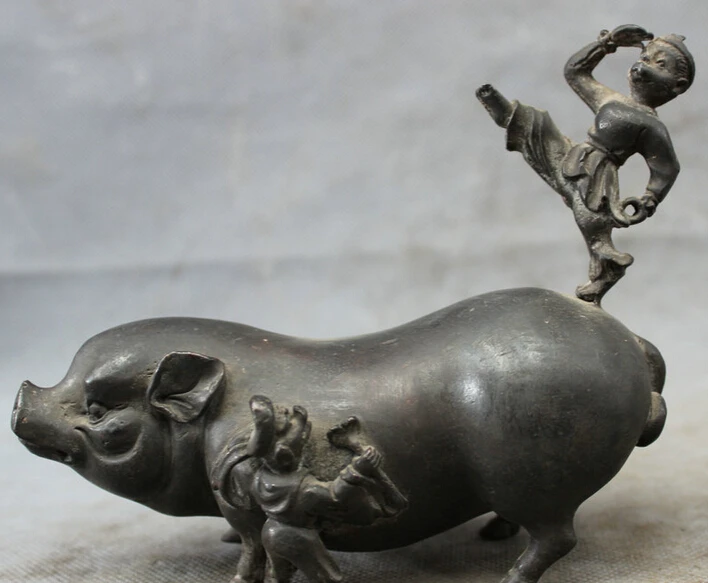 

JP S0114 Folk Chinese Refined Pure Bronze Copper ZhuBaJie SunWuKong Monkey On Pig Statue B0403
