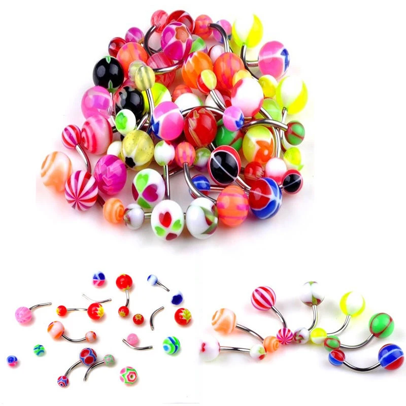 

50 pcs/bag New Colorful Acrylic Colorful Ball Medical Steel Belly Button Ring Dangle Navel Body Jewelry Piercings