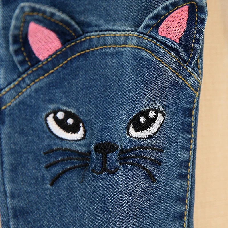 Большие девочки хлопок длинные джинсы милый кот печати джинсовые штаны эластичный пояс тонкий карандаш брюки на лето и весну брюки для