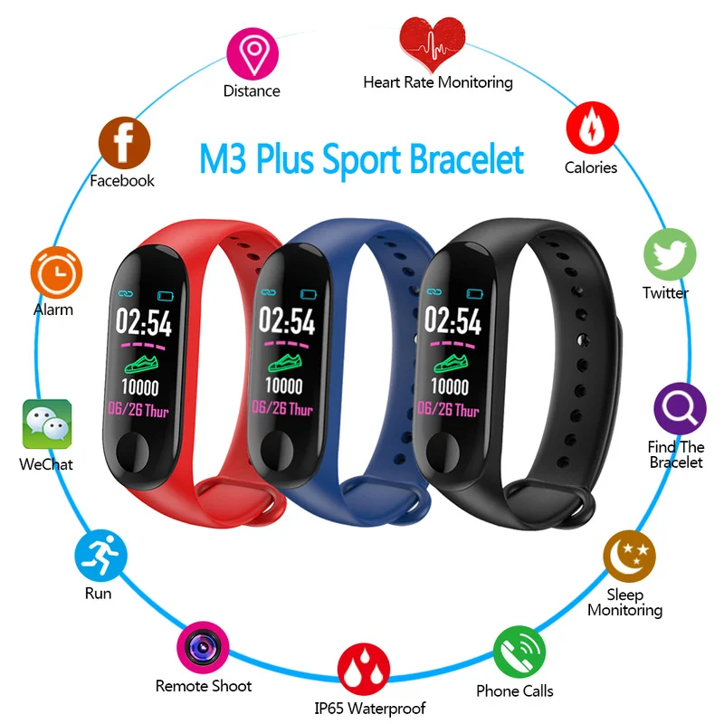 

M3 plus Smart Bracelet fitness tracker pedometer wristband heart rate blood pressure alarm clock smart band watch pk mi band 3