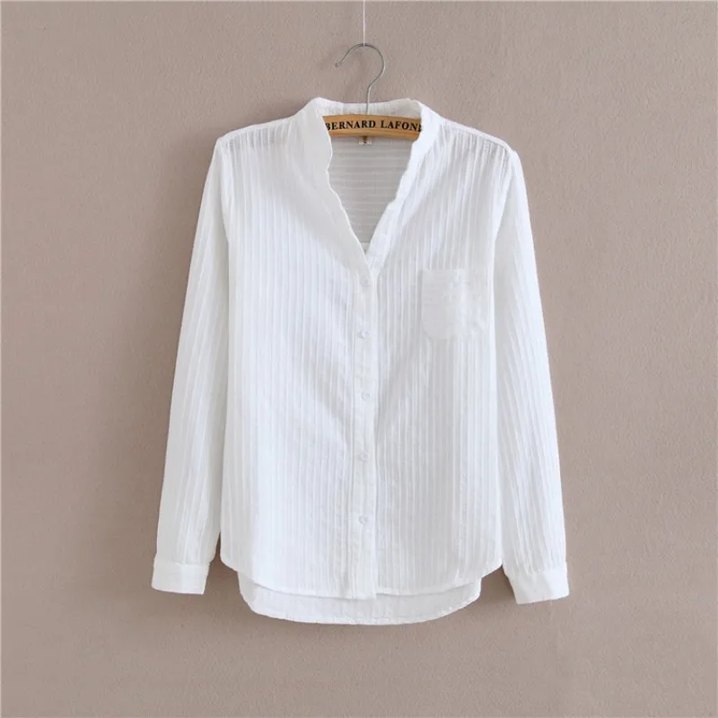 

100% Cotton Shirt High Quality Women Blouse Autumn Long Sleeve Solid White Shirts Slim Female Casual Ladies Tops