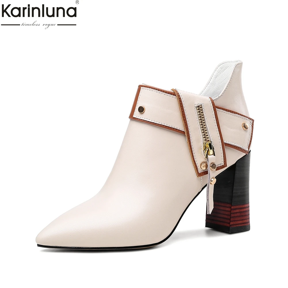 

Karinluna Brand New Dropship High Heels Genuine Leather Cow Leather Boots Women Shoes Zipper Pointed Toe Shoes Woman Ankle Boots