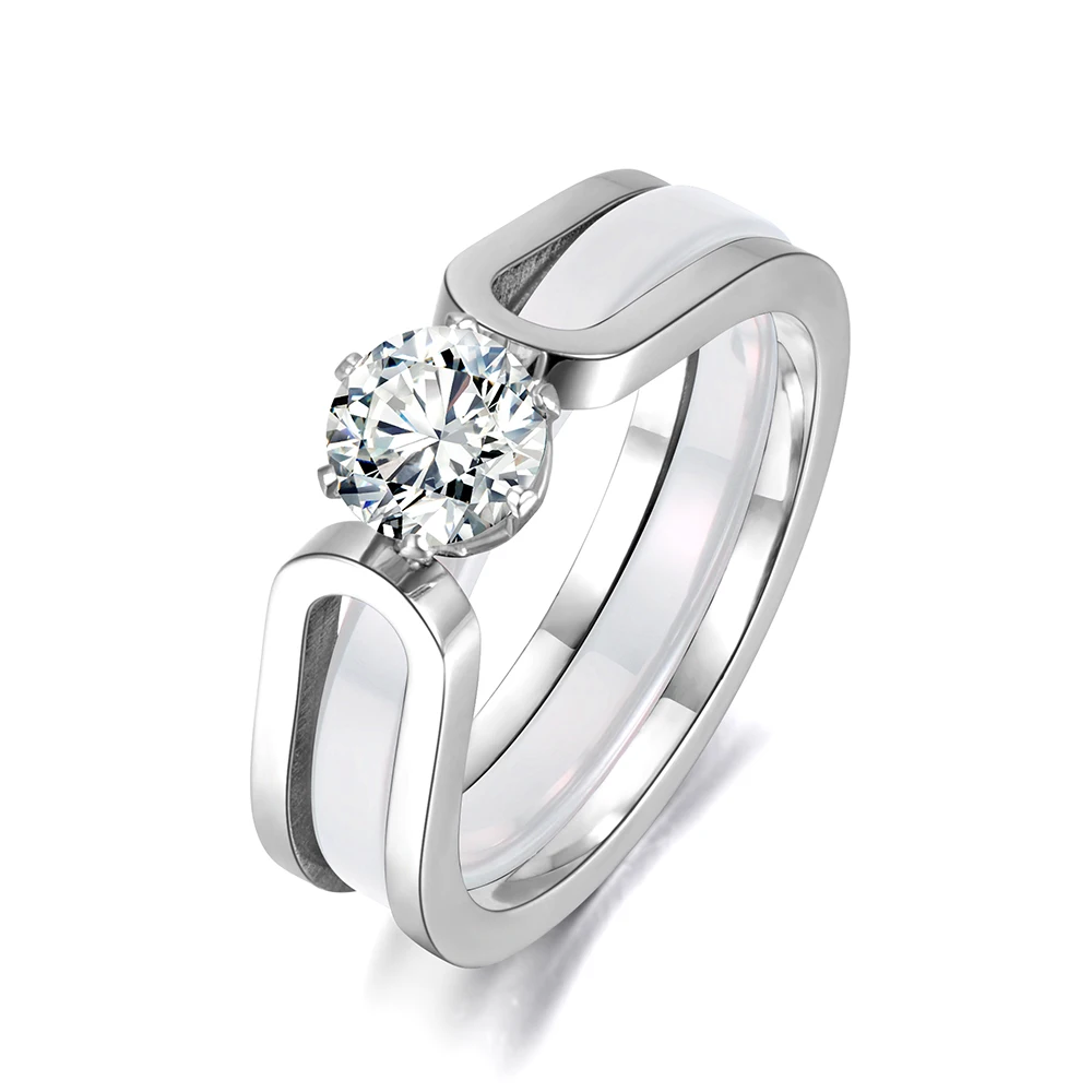 YiKLN 2 в 1 черный/белый керамический Кристалл Свадебные кольца ювелирные изделия для женщин AAA кубический цирконий нержавеющая сталь обручение YR18071 - Цвет основного камня: White