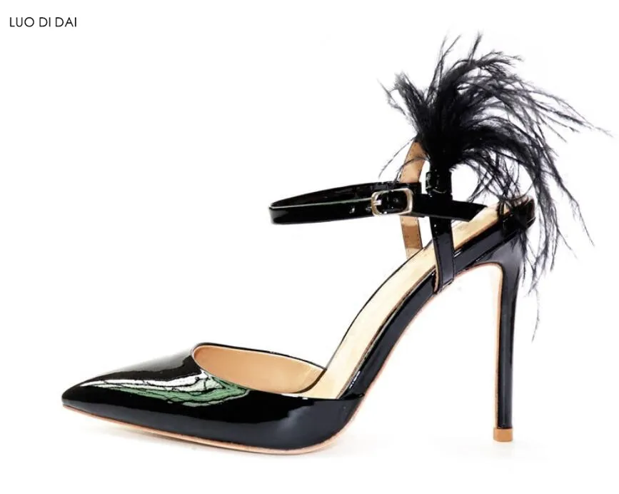 Cuir Mariage À Mince Pompes Talons or Talon Doux Chaussures 2019 De Femmes Hauts noir Boucle rouge gris Fourrure Plume Nouveau Brides En argent Soirée Verni Beige nw6qa