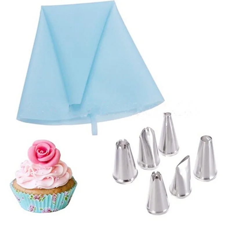 Pastry Bag Nozzles Decorating Set 1 Blue Pastry Bag and 6 Nozzles in