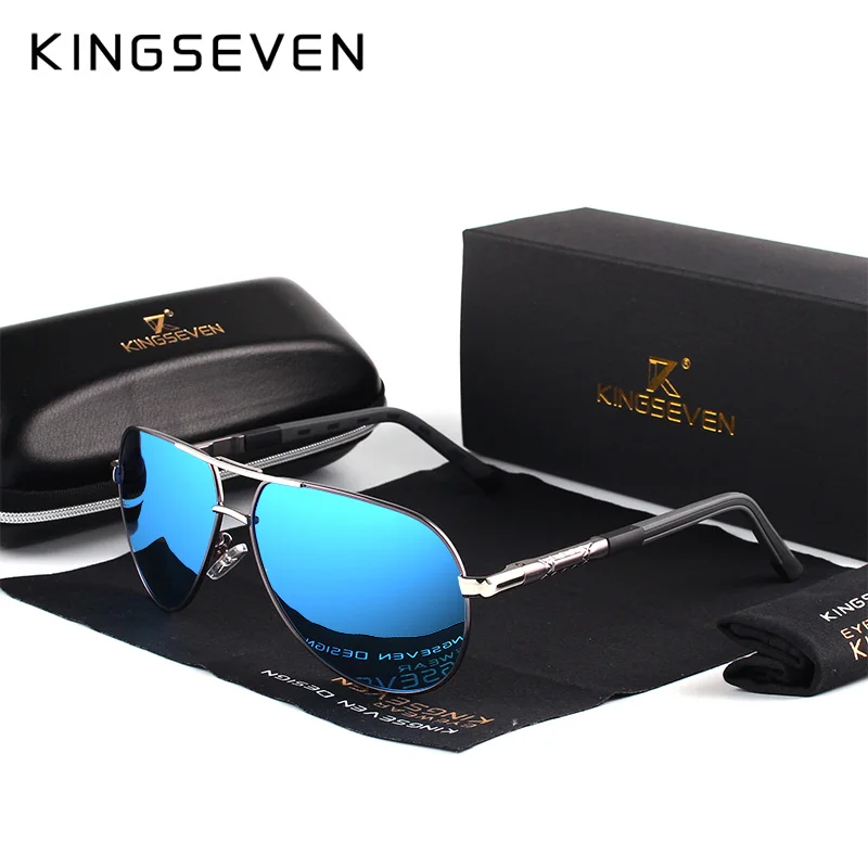 KINGSEVEN мужские солнцезащитные очки из алюминиево-магниевого сплава, поляризованные мужские зеркальные очки с покрытием, мужские очки с коробкой - Цвет линз: Gray Blue