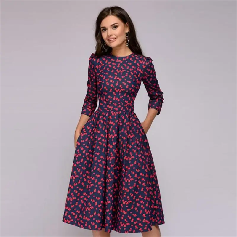 

New 2018 Women Elegent A-line Dress Classic Vintage Printing Party Vestidos Seven Quarter Sleeves Women Autumn Dress
