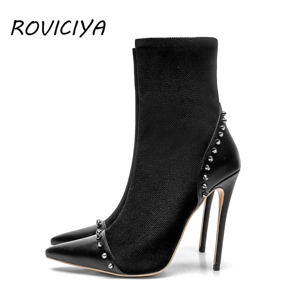 

Ankle boots women pointed toe rivet black footwear fashion 12 cm extreme high heels autumn booties zipper shoes HSJ001 ROVICIYA
