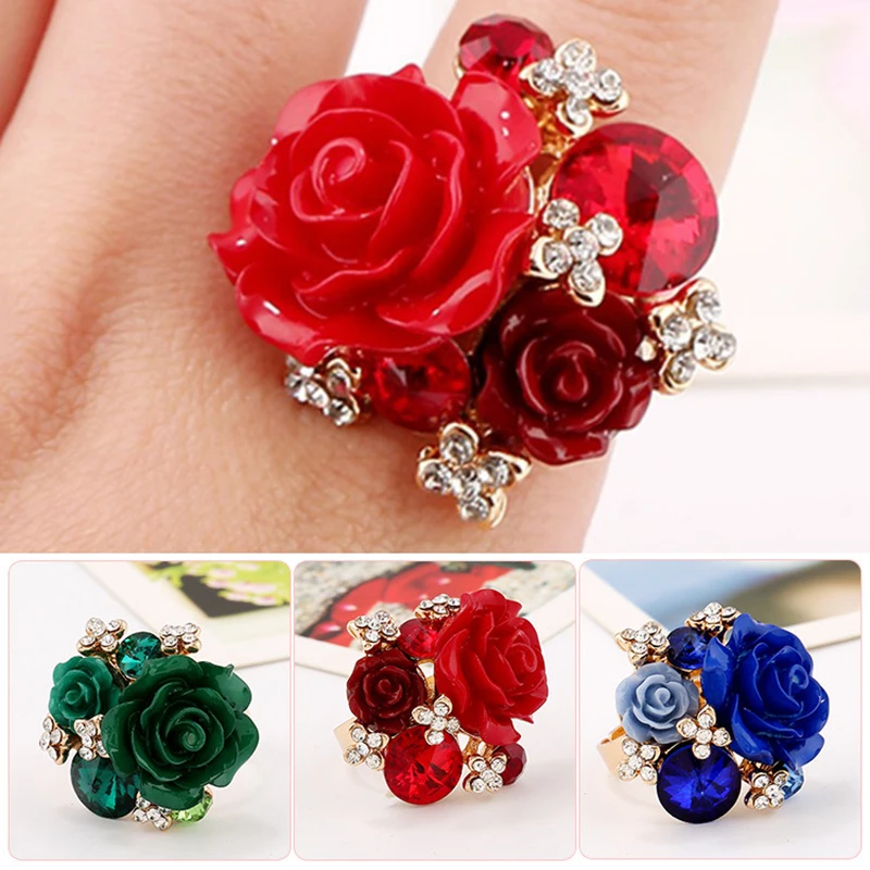 

Bohemia Resin Rose Flower Ring Girl Women Jewelry Adjustable Crystal Rings Ethnic Bijoux Homme Statement Finger Ringen 3 Colors