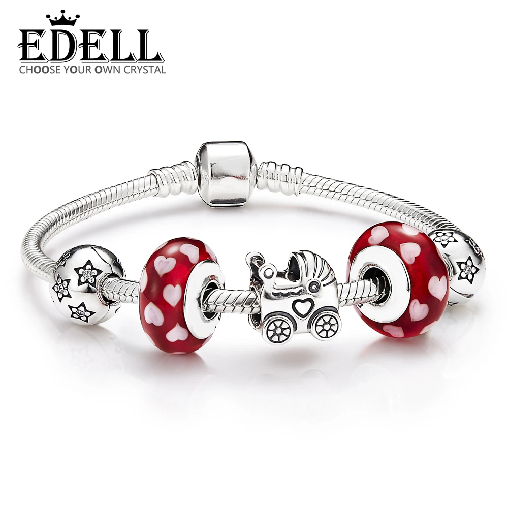 

EDELL New Arrival 100% 925 Sterling Silver Bracelet For Women With Heart Chain Charms Beads Fashion Jewelry Original Free Mail