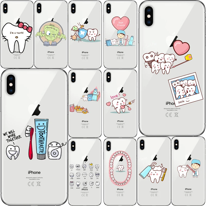

Bonito Dos Desenhos Animados Caso De Dente Dentista Coroado Para iPhone 4 5 6 7 8 Plus X Max XR Dificil Tampa Do Telefone Coque