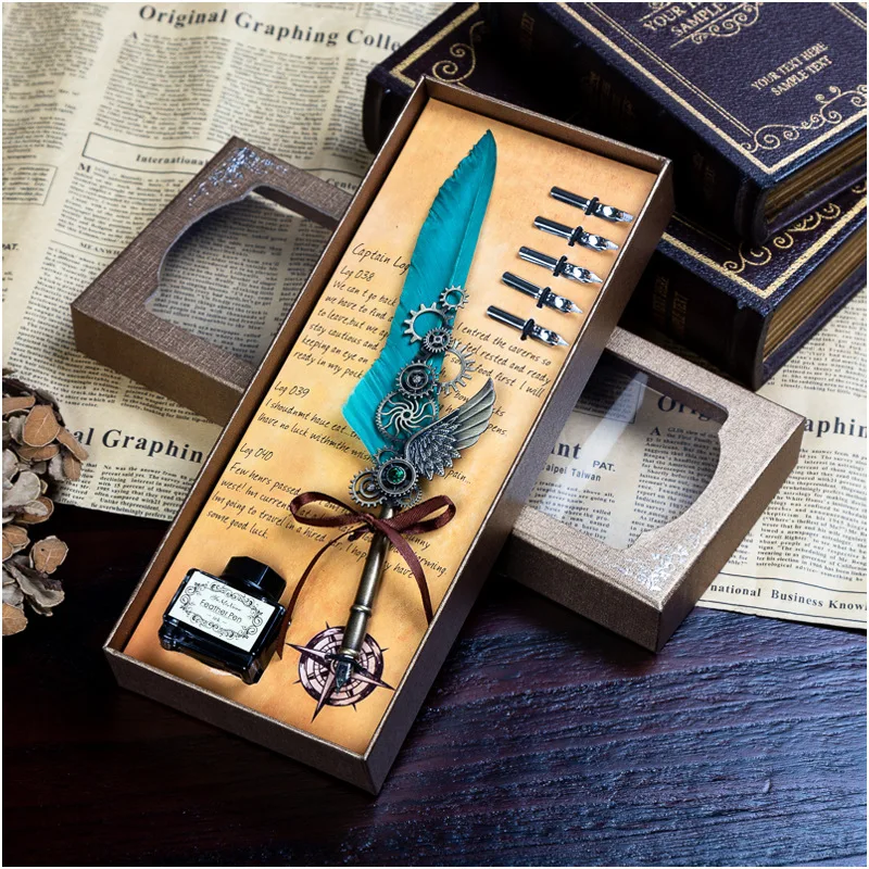 

1Set Calligraphy Feather Dip with 5 Nib Gift Quill Pen Writing Ink Set Gift Box Wedding Fountain Pen Design New Dawegama