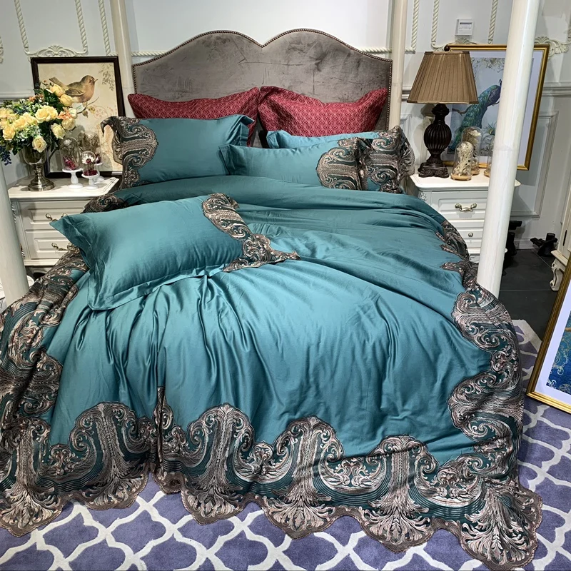 

New Green Pink Blue Champagne Luxury 100S Egyptian Cotton Palace Bedding Set Lace Duvet Cover Bed Linen Bed sheet Pillowcases