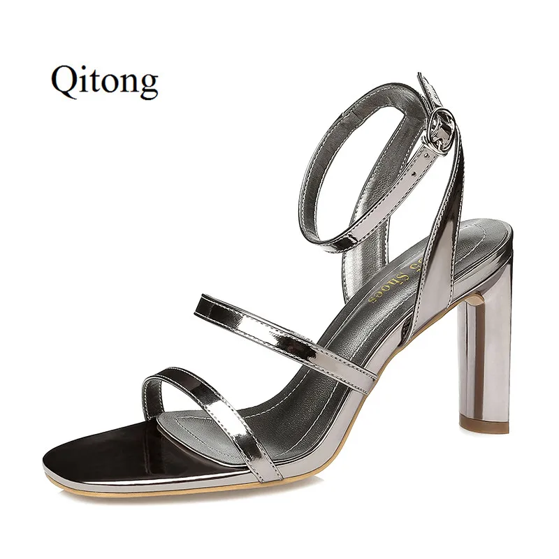 

Qitong 8.5cm Summer Hot Simple PU Leather Thin High Heel Black Sandals Sweet and Fashion Birthday Party Footwear Super Quality