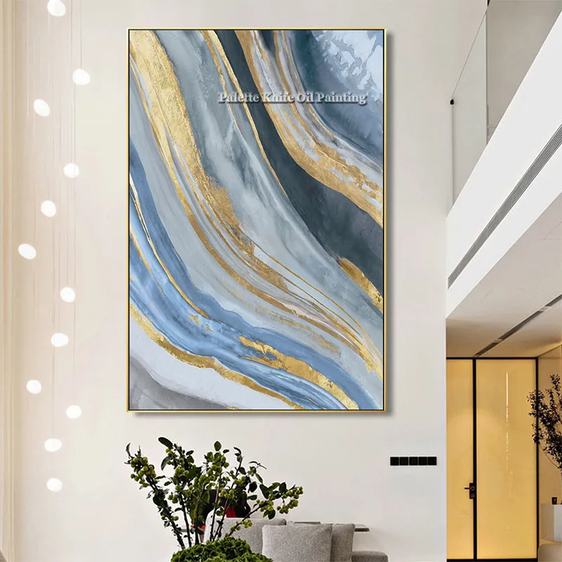 Gold Blue Grey Mixed ColorAbstract Art Canvas Oil Painting Cuadros