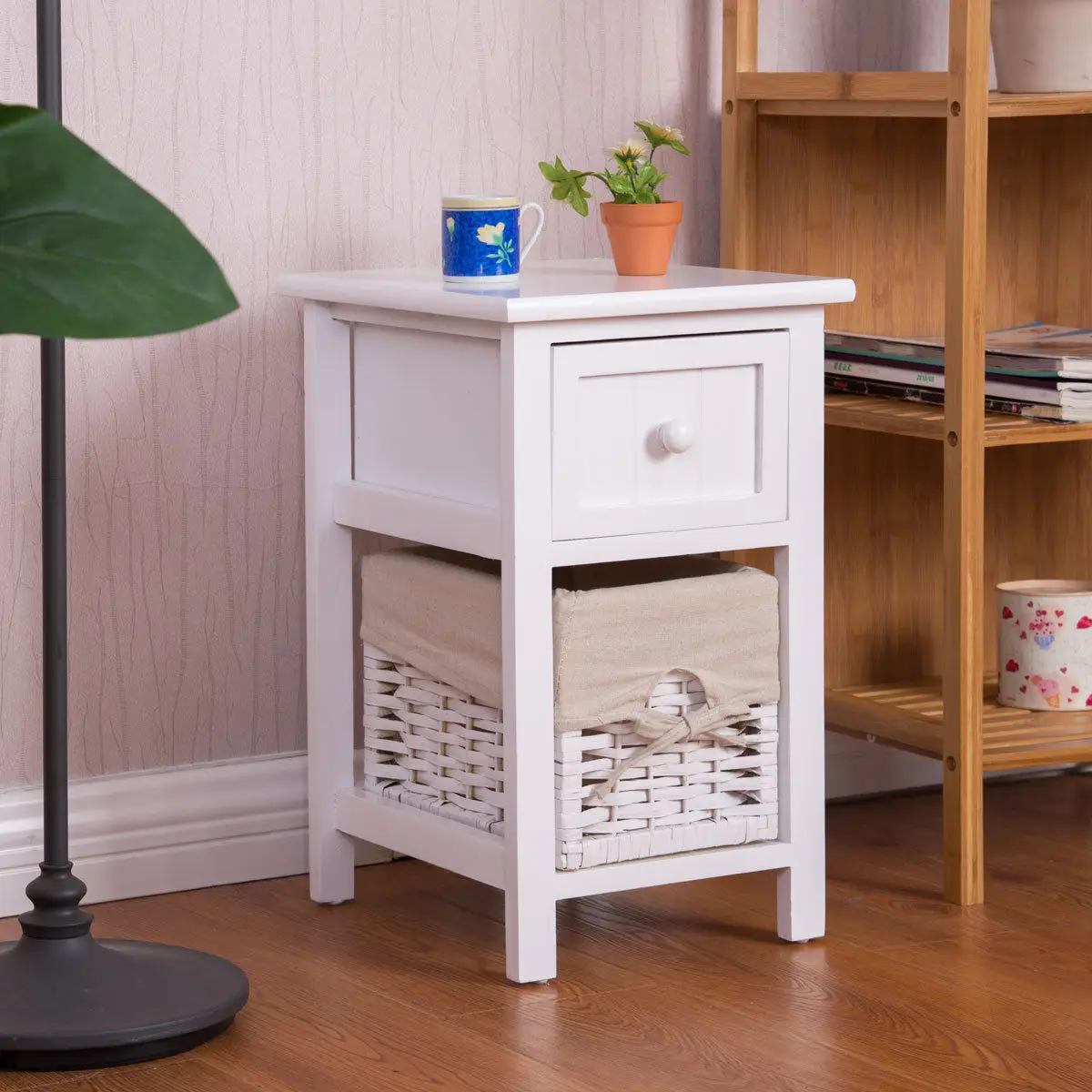 Giantex 2 Tier Nightstand 1 Drawer Bedside End Table Home Organizer Wood Coffee Table with Basket Small HW55996WH Giantex 2 Tier Nightstand 1 Drawer Bedside End Table Home Organizer Wood Coffee Table with Basket Small HW55996WH