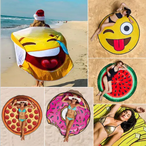 

2018 NEW Women Sunscreen Shawl Scarf Beach Pool Emoji Printed Towel Blanket BBQ Picnic Fruit Mat
