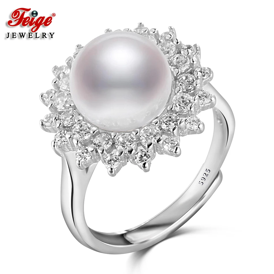 

FEIGE Pearl Ring 925 Sterling Silver Inlay Cubic Zirconia Finger Ring for Women 9-10MM White Freshwater Pearl Jewelry Lady Gifts