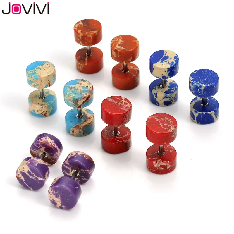 

Jovivi New Synthetic Dyed Imperial Stone Screw Barbell Stud Earrings Illusion Cheater Fake Ear Plugs Tunnel Gauges 0G/8MM Look