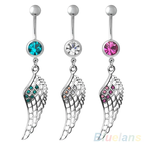 Crystal Inlay Hollow Feather Wing Dangle Navel Belly Button Ring Body