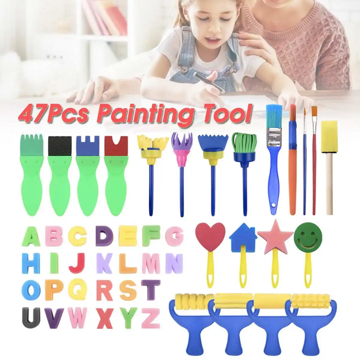 

47pcs/set Diy Child Painting Tool Kit Roller Mold Sponge Drawing Writing Brush Mini Pattern Mold Toy Kids Gifts Merry Christmas