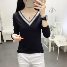 Vogue v-образным вырезом Топы осень хлопковая Футболка Femme Футболка с длинными рукавами в стиле пэчворк Для женщин футболка плюс Размеры корейский Kawaii одежда