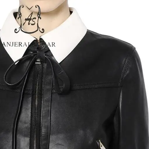 Куртка из натуральной овечьей кожи, Женская Повседневная мотоциклетная черная на молнии с бантом, сексуальная тонкая офисная короткая куртка из натуральной кожи
