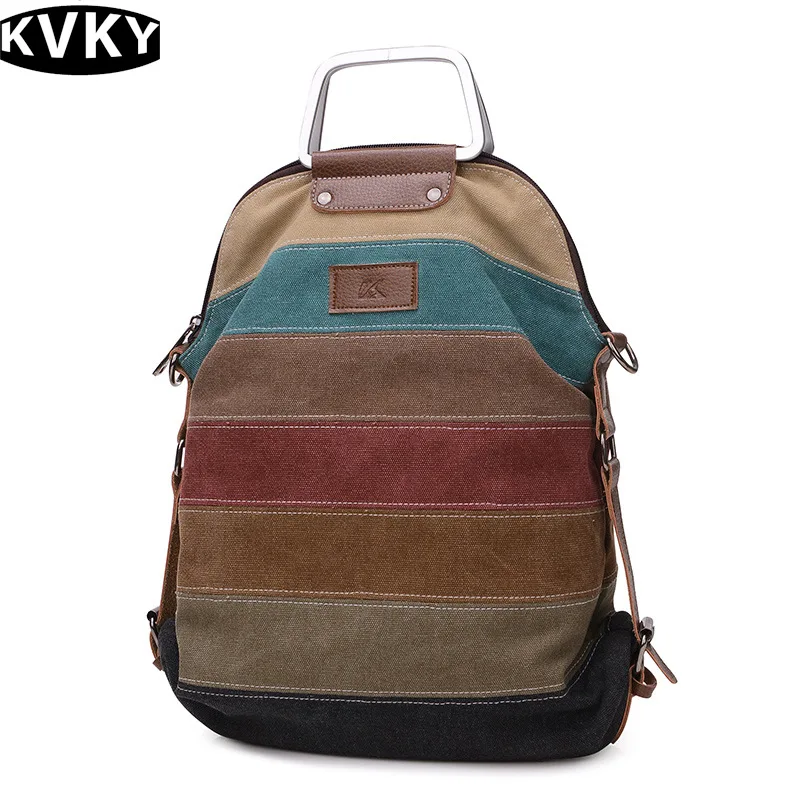 

KVKY Ethnic Rainbow Women's Canvas Backpack Girl's Striped Multifunction Patchwork Rucksack Crossbody School Bolsas Mochila