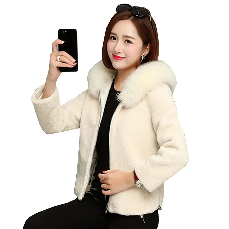 

2017 New Slim Short Thick Warm Wool Coat Ukraine Winter Women Fur Collar Hooded Jacket Coats Parkas Leisure Female Overcoat Z419